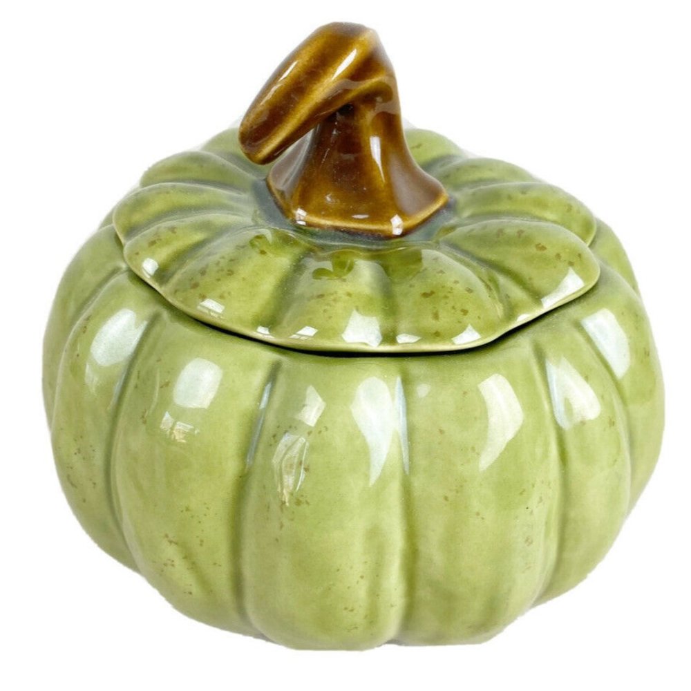 Chris Madden JC Penny Home Ceramic Pumpkin Bowl w/ lid candy dish Green New!